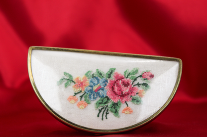 1950s Floral Needlepoint Demi-Lune Powder Compact