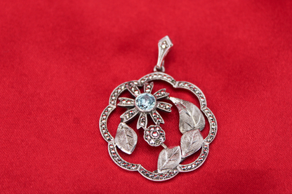1950s Sterling Silver Topaz & Marcasite Floral Pendant
