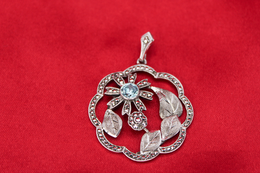 1950s Sterling Silver Topaz & Marcasite Floral Pendant