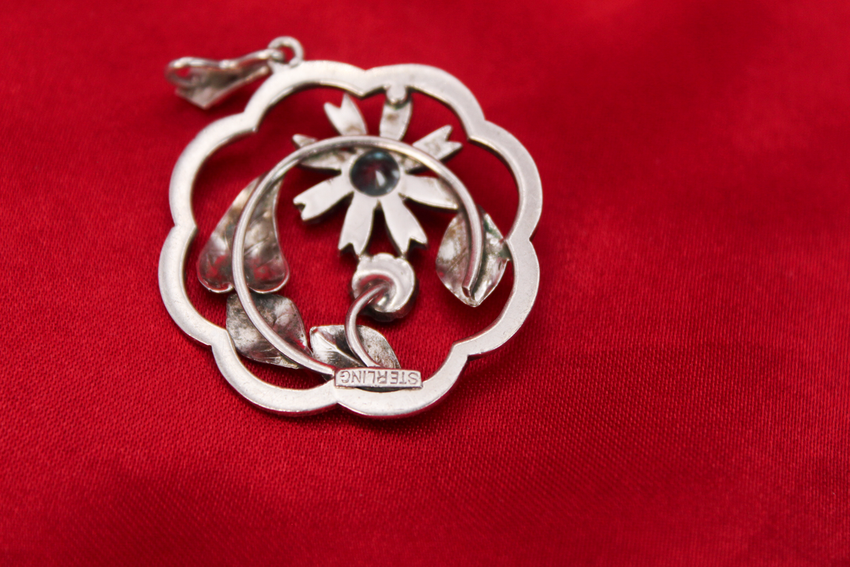1950s Sterling Silver Topaz & Marcasite Floral Pendant