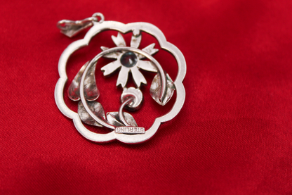 1950s Sterling Silver Topaz & Marcasite Floral Pendant