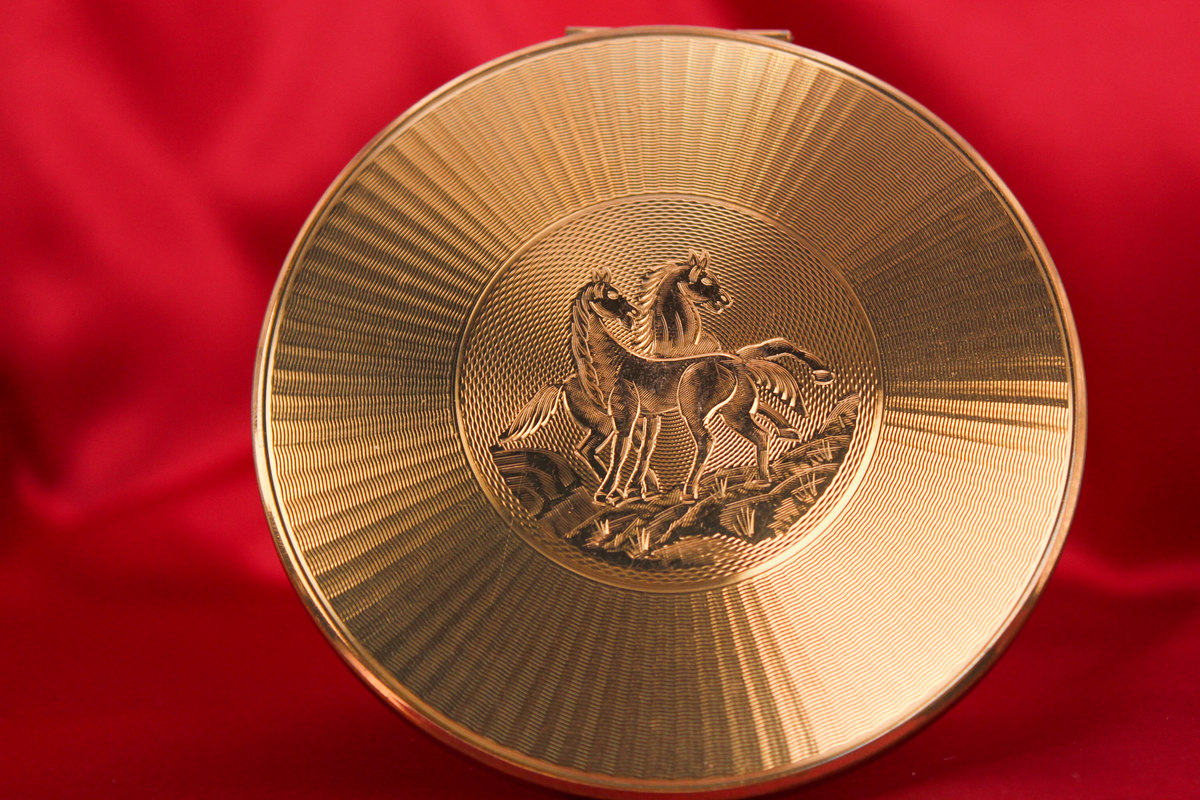 Stunning rare Large 1950s Golden Horse Powder Compact