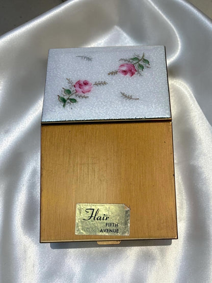 1940s Flair Fifth Avenue compact with guilloché enamel and hand-painted roses.