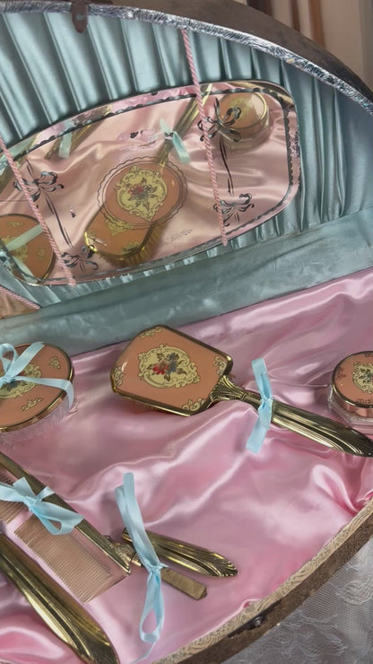 1940s Vanity Set with Hand-Painted Florals & Shell Case