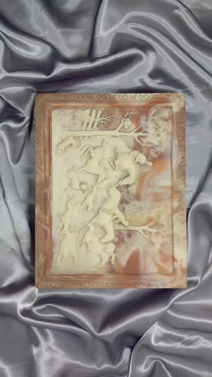 Jaestial Hand-Carved Incolay Stone Jewelry Box Fox Hunting Scene