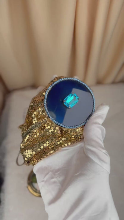 Jaestial Vintage Gold Mesh Purse Compact with Blue Crystal Accents