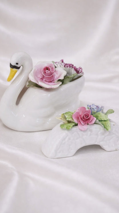 English Porcelain Swan & Floral Bridge Set Vintage Decor